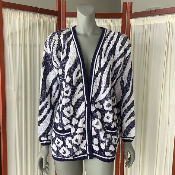 Renee Tener For Jeanne Pierre Vintage Cardigan Sweater Blue and White Cotton M - Picture 1 of 8